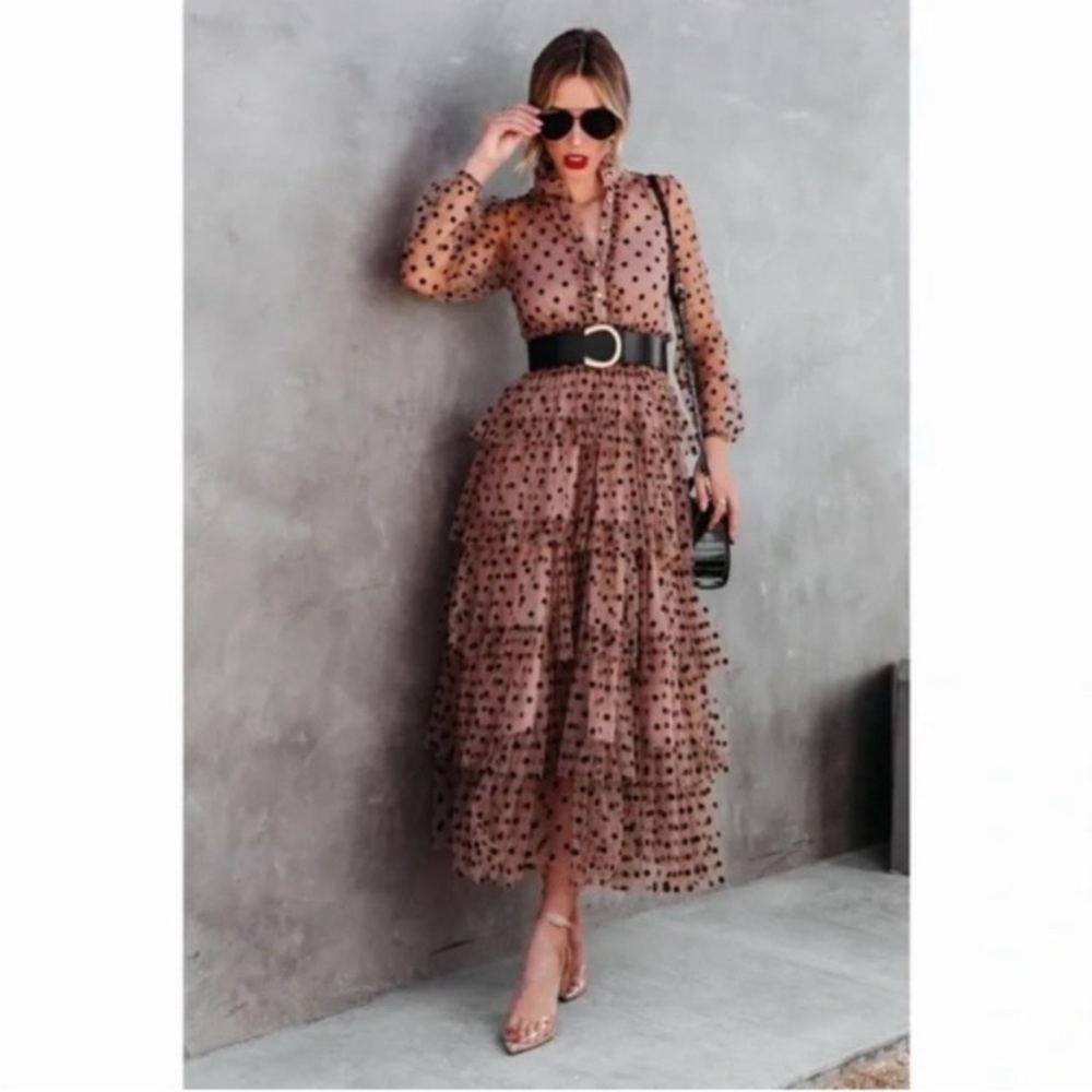 Tiered Polka Dot Midi Dress in Brown